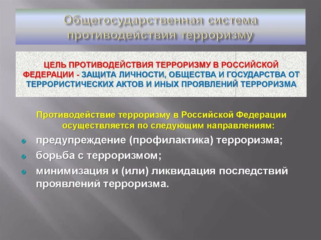 Основные цели противодействия терроризму