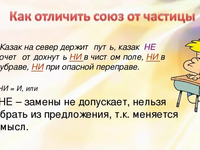 Союз ни ни. Как отличить Союз от частицы. Как различить Союз и частицу. Как различить частицу от Союза. Казак не хочет отдохнуть ни в чистом поле ни в Дубраве ни при опасной.