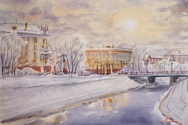 Рисунок города кемерово. Картина зима в городе для детей. Зимний город живопись. Акварельные пейзажи Новокузнецка.