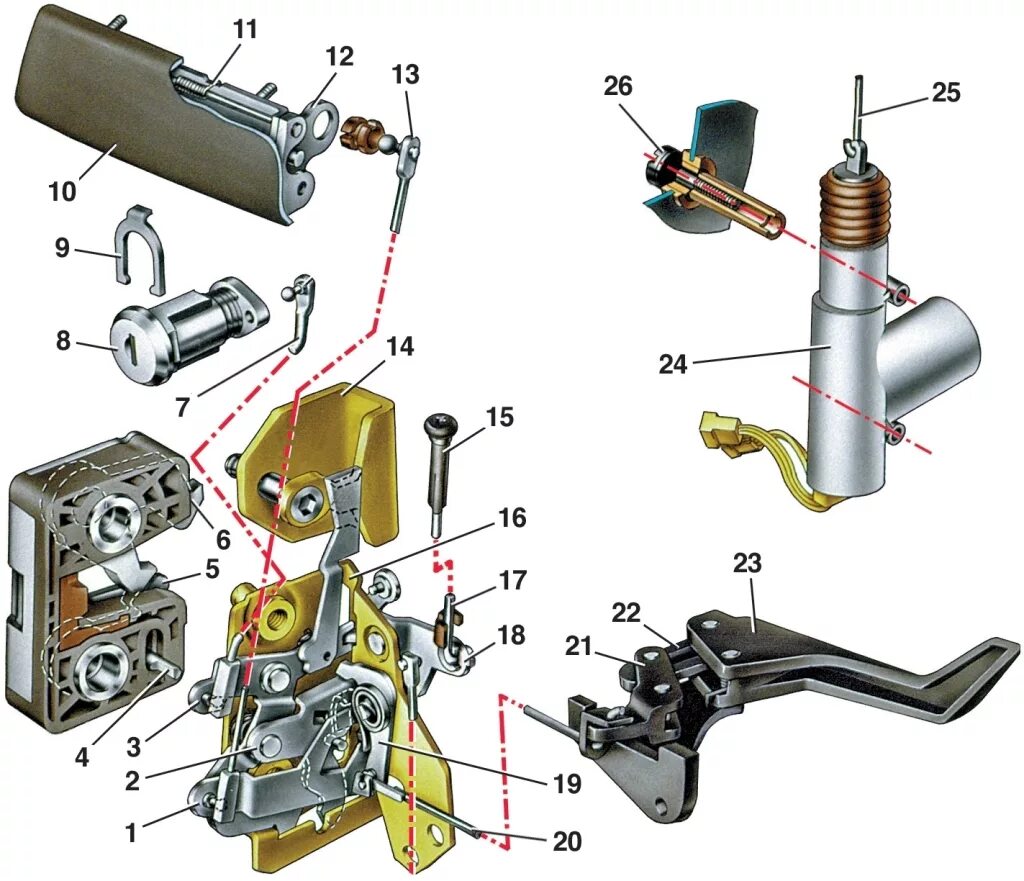 Ремонт замков дверей автомобиля. Внутренний механизм двери ВАЗ 2110. Схема замка передней двери ВАЗ 2110. Устройство замка двери ВАЗ 2110. Схема внутреннего замка двери ВАЗ 2110.