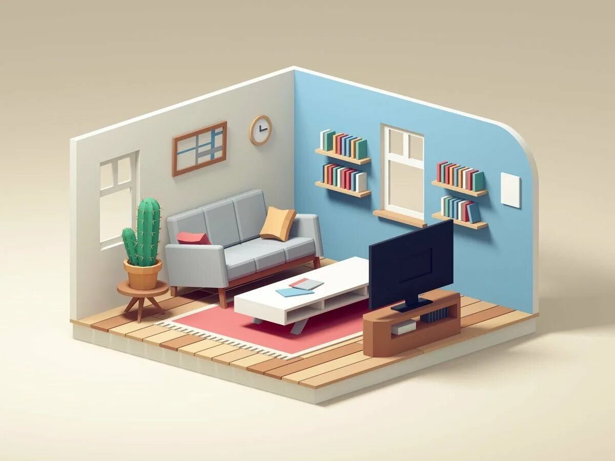 Flat living room bedroom. 3d комната. 3д модель комнаты. Дизайн интерьера 3d. Комната Flat.