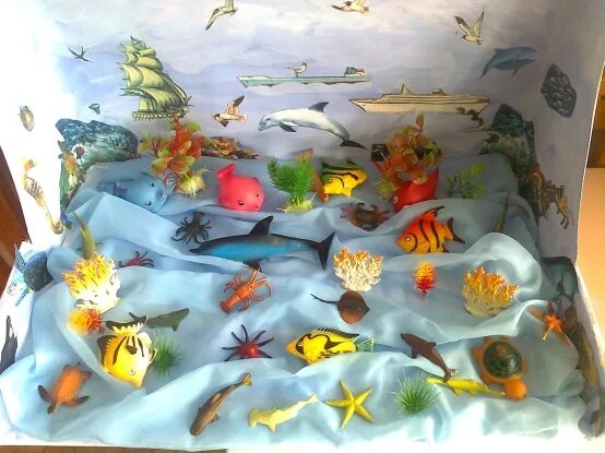Аквариумные рыбки средняя группа. Подводный мир поделка в садик. Поделки подводный мир детский сад. Поделку в садик на тему мир моря. Макет морские обитатели в детском саду.