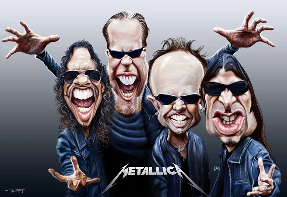 Себастьян каст шаржи. Карикатуры на рок группы. Шаржи на рок группы. Metallica шарж.