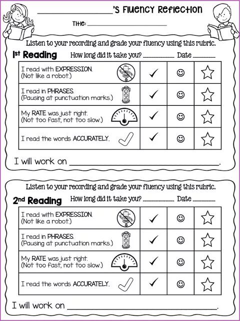 Read the rubric and find. Reading fluency. self assessment checklist. esl students reading rubric. teaching fluency phrases.