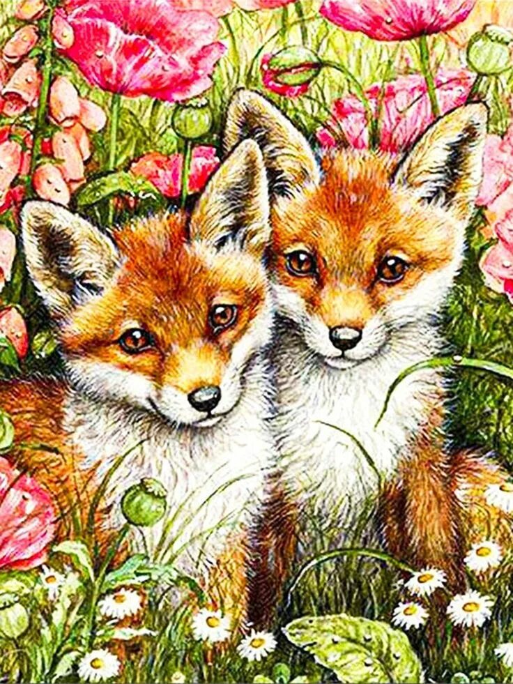 Flower foxes. Алмазная вышивка с лисами. Алмазная мозаика лиса и Лисенок. Картина по номерам Лисенок. Алмазная мозаика Близнецы.