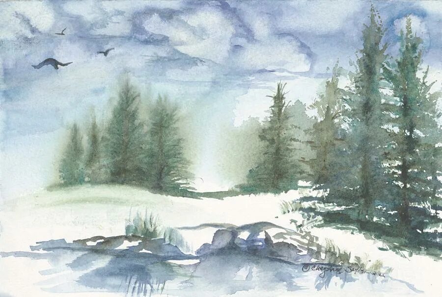 анна армона акварель. зима акварелью поэтапно. зима акварелью поэтапно. зимний пейзаж акварелью для начинающих. легкий зимний пейзаж акварелью.