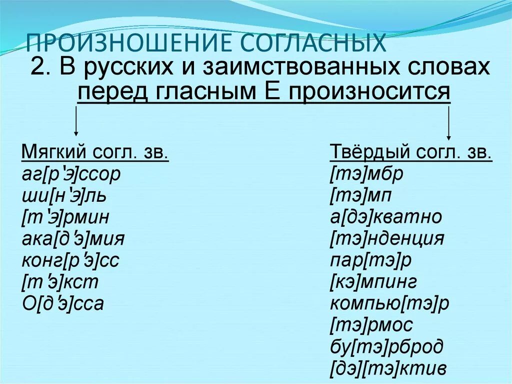 Как произносится э. Произношение согласного перед е. Твердое произношение согласных перед е. Твердое и мягкое произношение заимствованных слов. Согласный звук перед е произносится мягко.