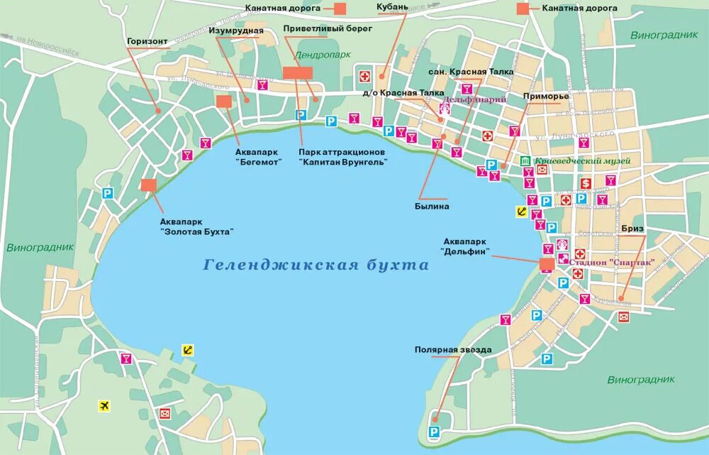 Карта Геленджика и окрестностей. Голубая бухта в Геленджике на карте. Карта Геленджика с улицами и достопримечательностями.
