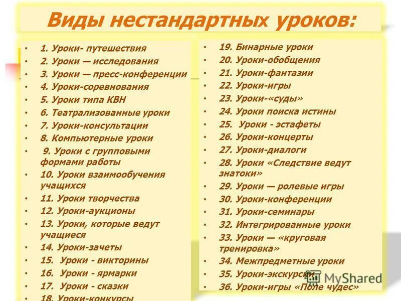 Список формы в школу. Нетрадиционные формы урока. Типы нестандартных уроков. Нестандартные уроки в начальной школе. Виды нетрадиционных уроков.