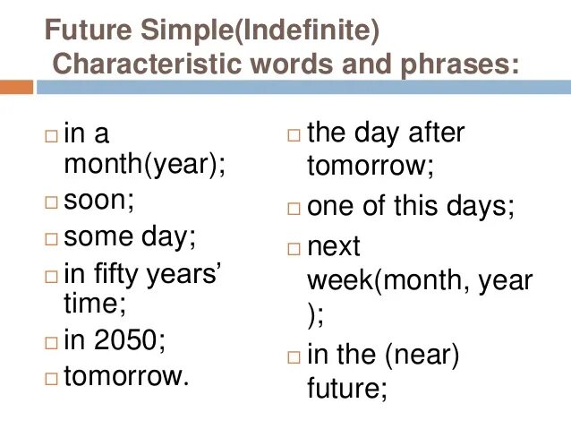 Won полная форма. Future simple маркеры. Future simple указатели времени. Временные маркеры Future simple. Future simple показатели времени.