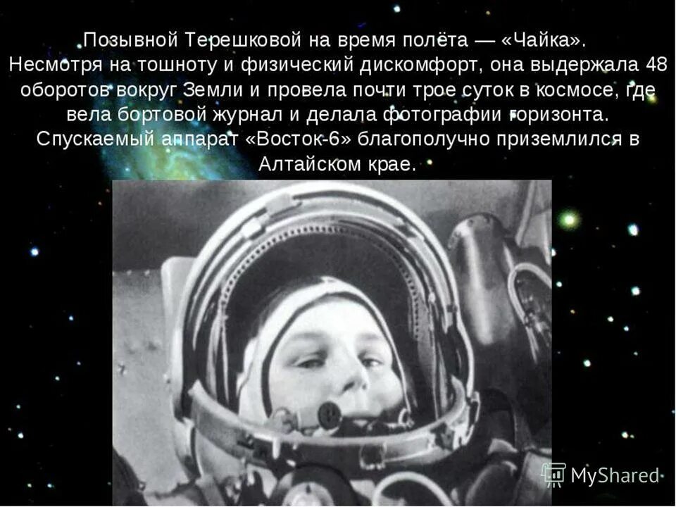 Терешкова позывной Чайка. Продолжительность полета Терешковой. Позывной Терешковой на время полёта.