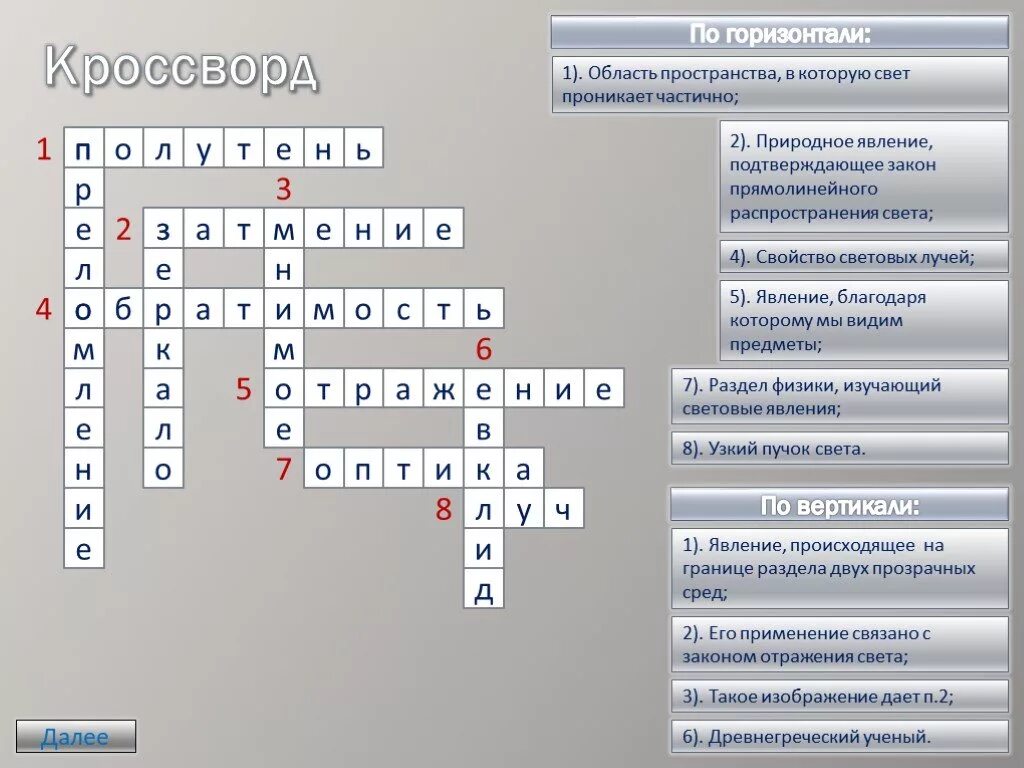 Кроссворд по физике. Область пространства, в которую свет проникает частично.. Кроссворд на тему оптика. Кроссворд по оптике.