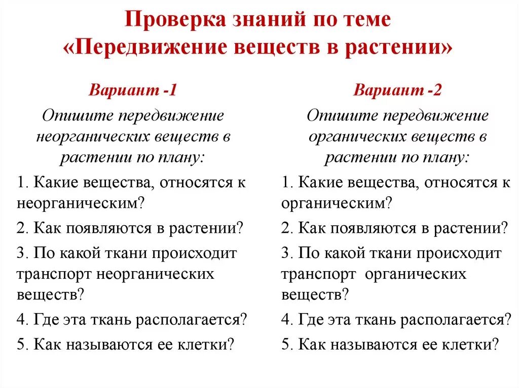 Тест передвижение веществ у растений 6 класс