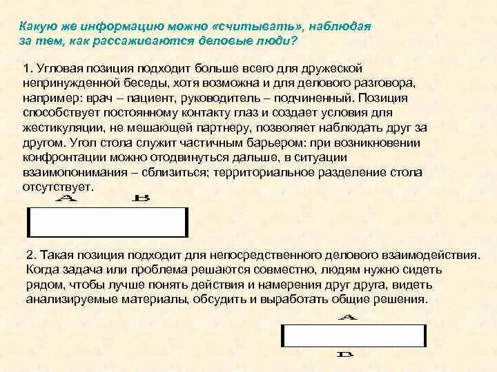 1 и ту же информацию. Как человек считывает информацию. как рассаживаются деловые люди?.