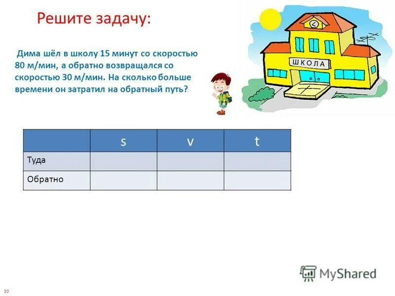 Урок на 6 минут. Задача: ходят из школы. Половину пути от дома до школы.