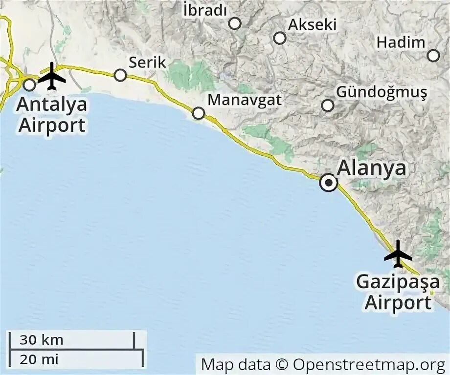 От анталии до алании сколько ехать. Аланья аэропорт Газипаша. Аэропорт Газипаша Алания на карте. Аэропорт Алания в Турции на карте. Аэропорт Газипаша Алания на карте Турции.