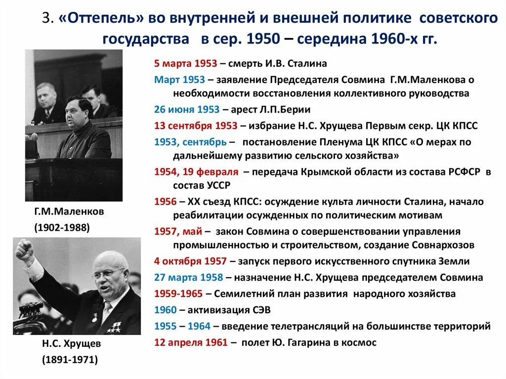 Политика ссср в период руководства хрущева. Хрущев 1953. Хрущёвская оттепель 1950-1960 гг. Основные события внутренней политики СССР С 1953-1964. Хрущевская " оттепель "во внешней политике СССР И культуре..