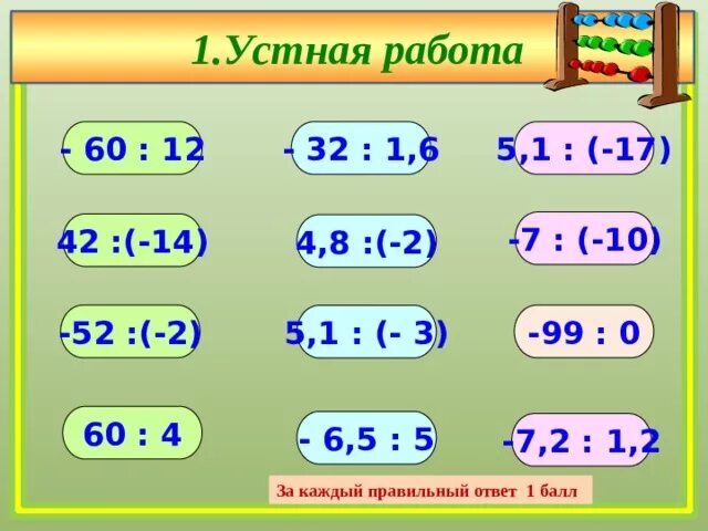 Работа 12 по теме деление. Устный счет умножение и деление рациональных чисел. Деление рациональных чисел устный счет. Презентация по теме деление рациональных чисел. Устный счет деление рациональных чисел 6 класс.