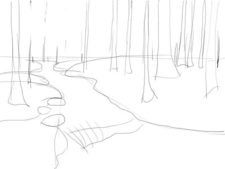 Как рисовать пойму. Пейзаж в графике легкий. Лёгкие пейзажи карандашом. Как рисовать пойму. Пошаговое рисование для детей природа.