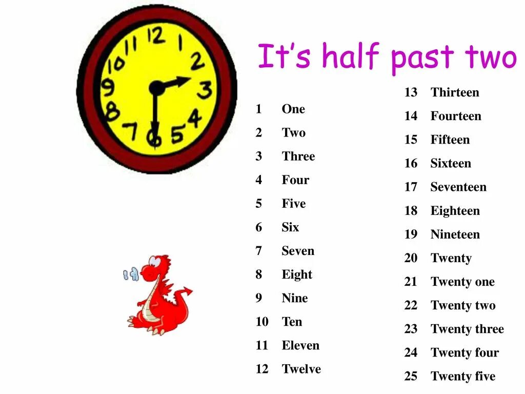 Twenty five to three. Half past two. At half past Five. It's half past two. Twenty to one цифрами.