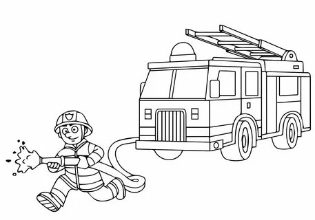 Пожарный с машиной раскраска для детей.
