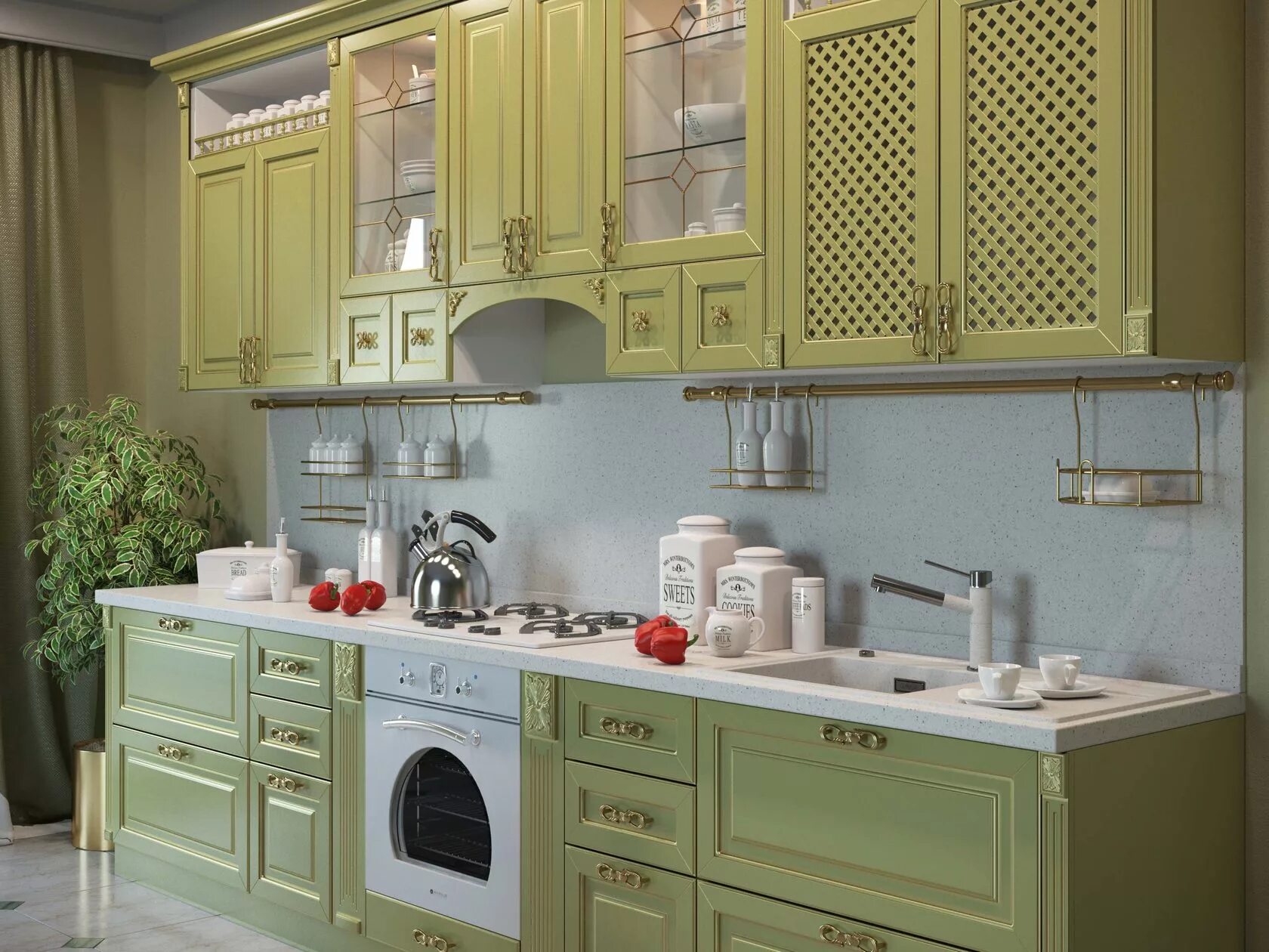 Фасады кухонной мебели. Кухня олива патина. Кухонный гарнитур фисташкового цвета. Кухня классика.
