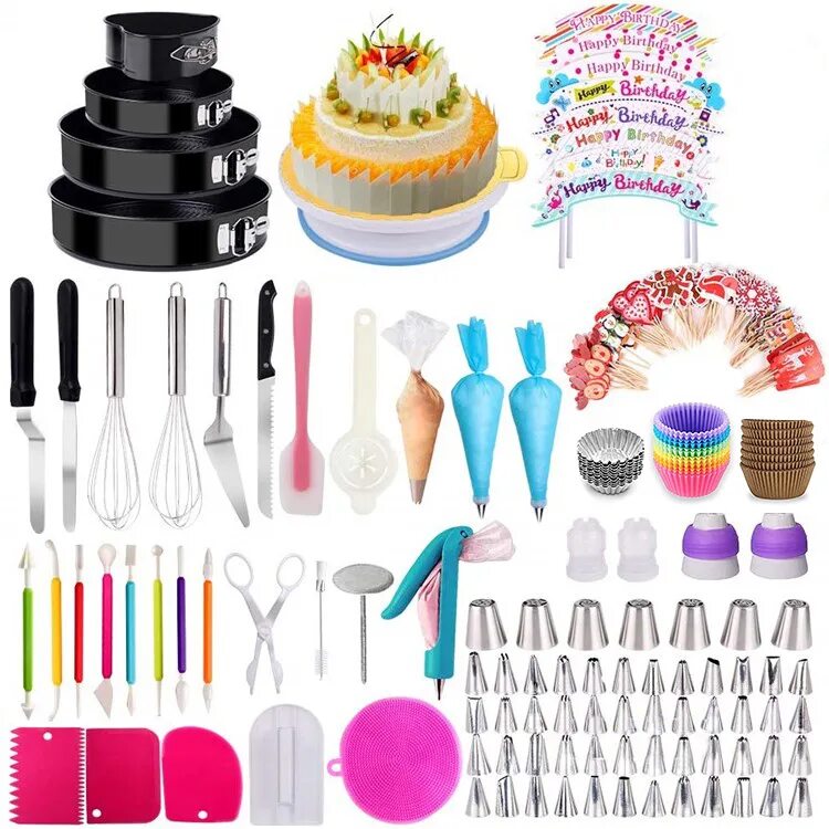 весь инвентарь для кондитера. кухонная утварь для выпечки. торт набор инструментов. торт с инструментами. инструменты для приготовления торта.