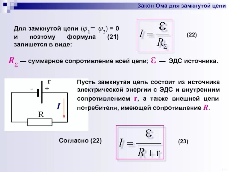 Закон ома картинка. Сила тока в замкнутой цепи формула. ЭДС участка цепи формула. Закон Ома для участка цепи с ЭДС формула. Сопротивление источника тока формула для замкнутой цепи.