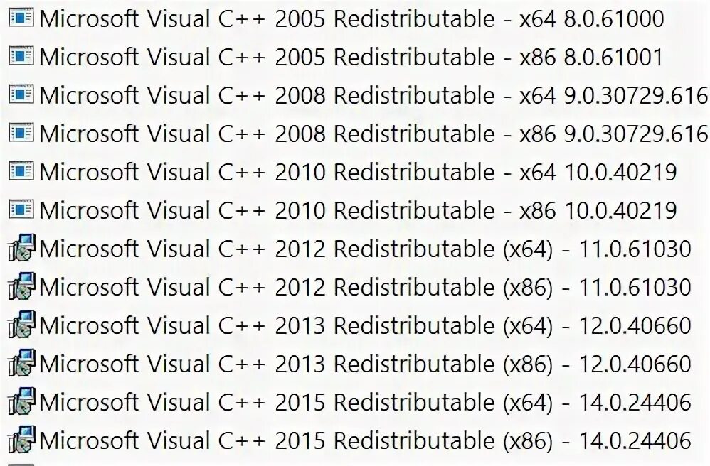 Microsoft Visual c++ 2005. Microsoft Visual c++ Redistributable 2008. Microsoft Visual c++ 2010 x64 Redistributable. Visual c++ 15. C 2008 redistributable package x86