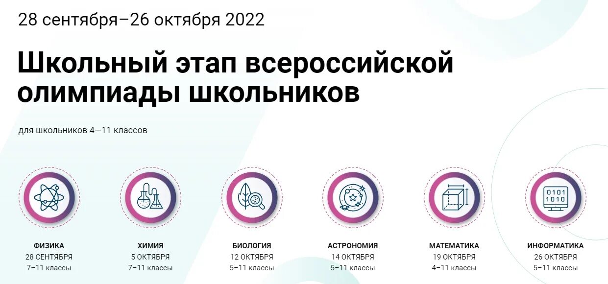 График олимпиад ВСОШ 2022-2023. Школьный этап Всероссийской олимпиады.