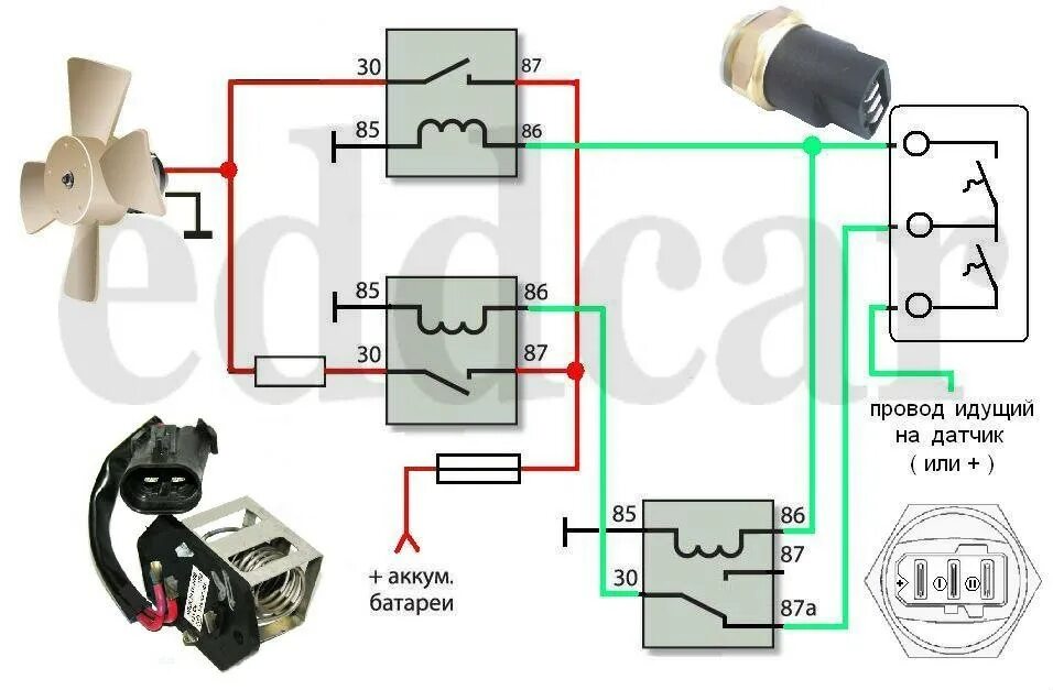 Вторая скорость вентиляторов. Схема подключения электровентилятора через реле на Газель. Трехконтактный датчик включения вентилятора схема подключения. Реле электровентилятора Нива 213. 2 Скорости вентилятора охлаждения Нива.