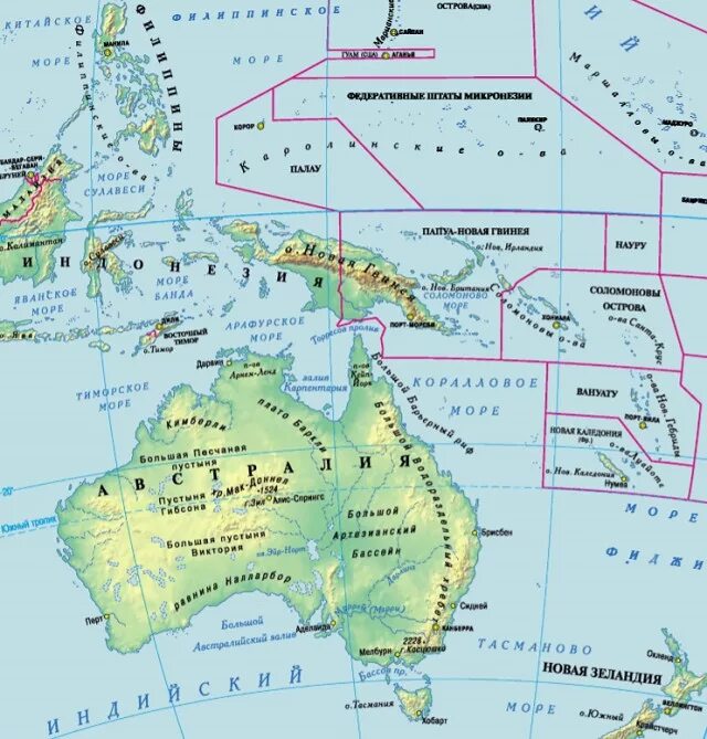 Моря австралии и океании. Карта австралии и океании. физическая карта австралии 7 класс.