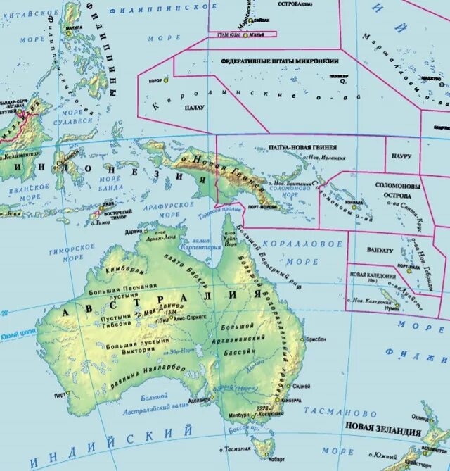 Острова австралии 7 класс. Карта Австралии и Океании. Физическая карта Австралии 7 класс. Новая Гвинея на карте Австралии. Физ карта Австралии и Океании.