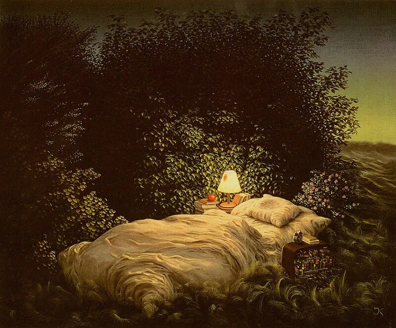 девушка левитирует. иллюстрация к стихотворению фета еще майская ночь. сон на природе. яцек йерка кровать. девушка потерялась в лесу.