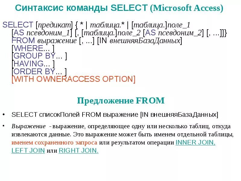 Синтаксис команд sql. Синтаксис команд sql