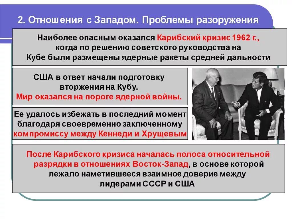 Отношения с Западом. Отношения с Западом проблемы разоружения. Внешняя политика Хрущёва Карибский кризис. Карибский кризис. Взаимоотношения с Западом.