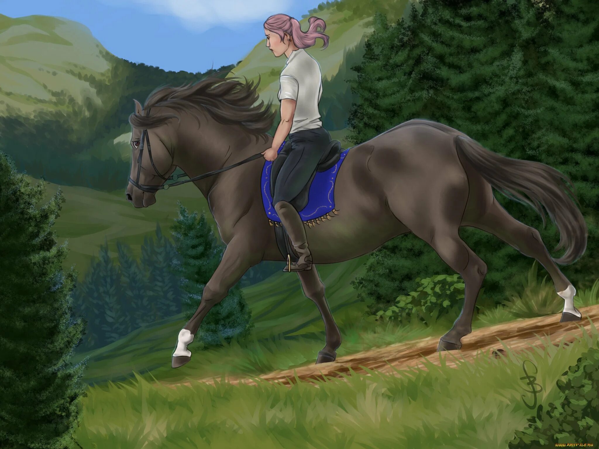 Лошади в горах. Девочка на лошади арт.