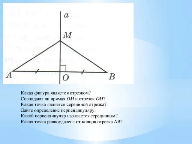 Точка является фигурой. Равноудаленная точка это. если точки равноудалены от концов отрезка. какая фигура называется отрезком. точка лежащая на серединном перпендикуляре.