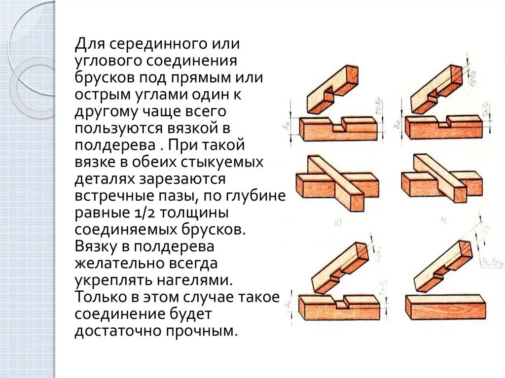 Доклад на тему соединения. Технология соединения брусков шкантами. Соединение деталей шипами, вполдерева, шкантами и нагелями.. Угловое серединное соединение брусков вполдерева. Технология соединения брусков из древесины.