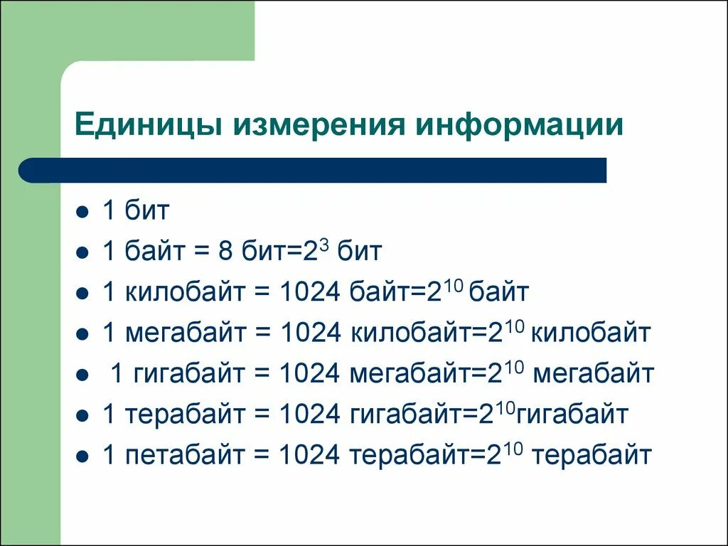 Следующий байт. 1 Бит 1 байт 1 килобайт 1 мегабайт 1 гигабайт 1 терабайт....... Единицы измерения информации 1 бит 1 байт. Единицы измерения бит байт килобайт мегабайт. Единицы измерения информации 1 Мбайт.