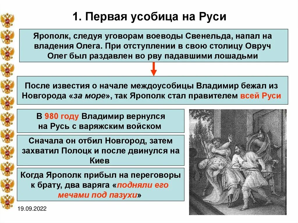 Что такое усобица в истории. Первач усобеща на руси. междоусобица владимира святославича. первая усобица на руси владимир. причины первой междоусобицы на руси.