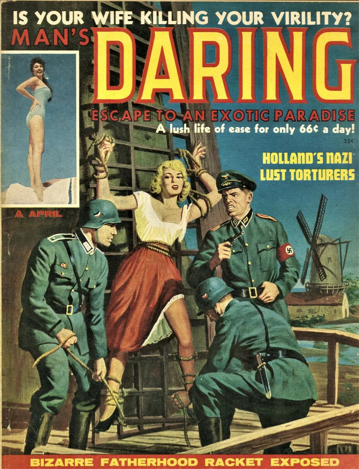 Man’s daring Pulp Art. Damsel in Distress Pulp illustration. Nazi 1960. Nazi Magazine. Adventures magazine