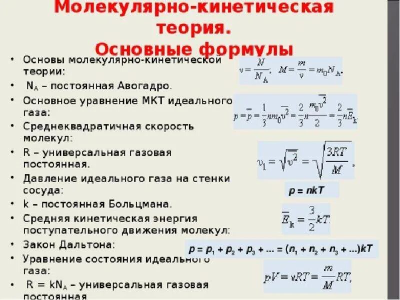 Давление газа формула физика 7 класс. Основные формулы мкт 10 класс физика. основные уравнения мкт физика 10 класс формулы. основное уравнение мкт формула физика 10 класс. формула основного идеального газа мкт.