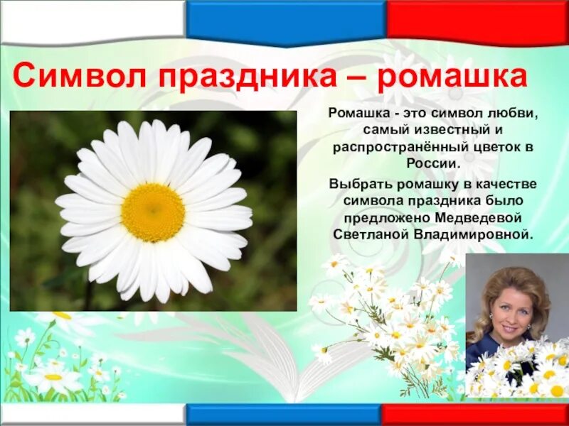 Какой цветок является символом всероссийского дня семьи. Символ праздника Ромашка. Ромашка символ семьи. Ромашка символ России. Ромашка символ любви.