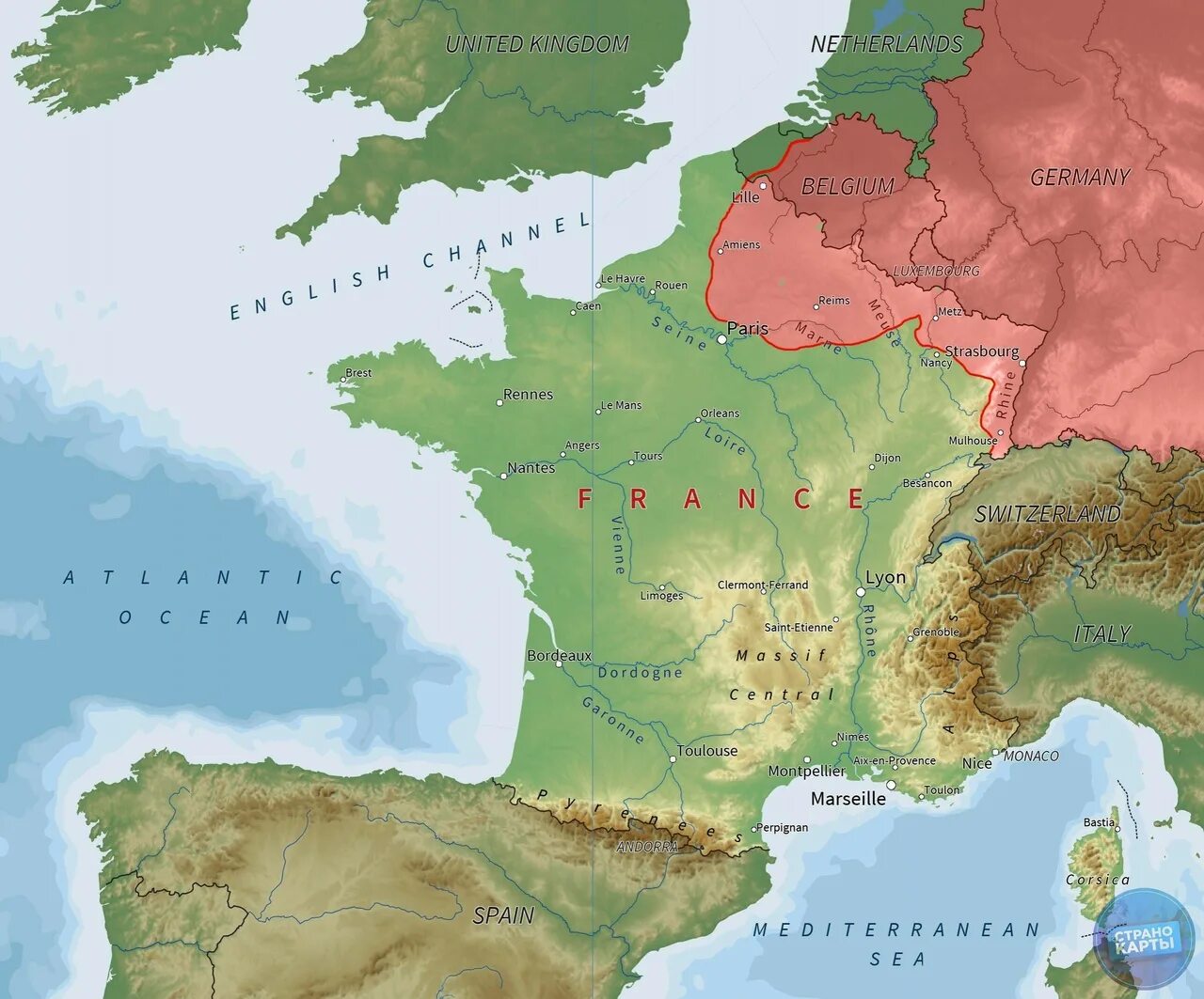Какое море омывает францию. Физико-географическая карта Франции. Физ карта Франции. Физическая карта Франции. Географическая карта Франции.