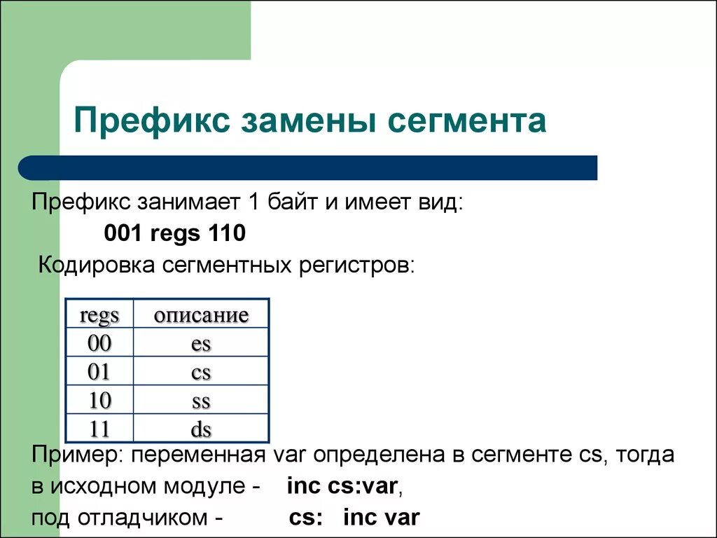 Сегментные регистры ассемблер. Формат машинной команды. Модуль в ассемблере. 110 Кодировка.