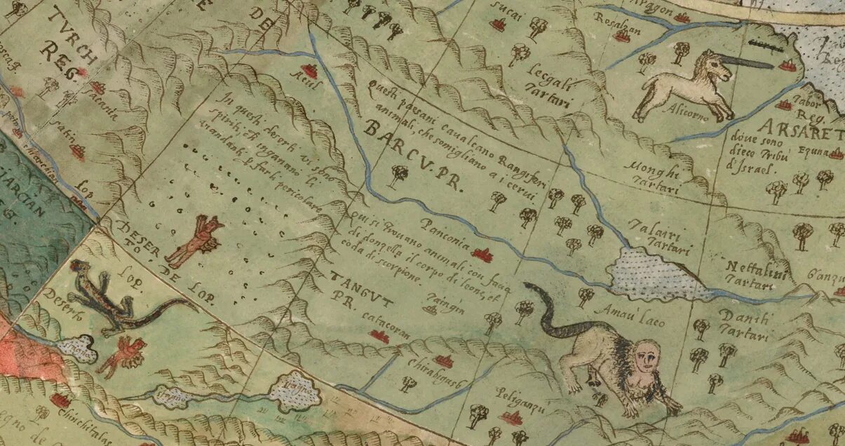 Древняя карта с единорогами. Единорог на старых картах. Карта 16 века.