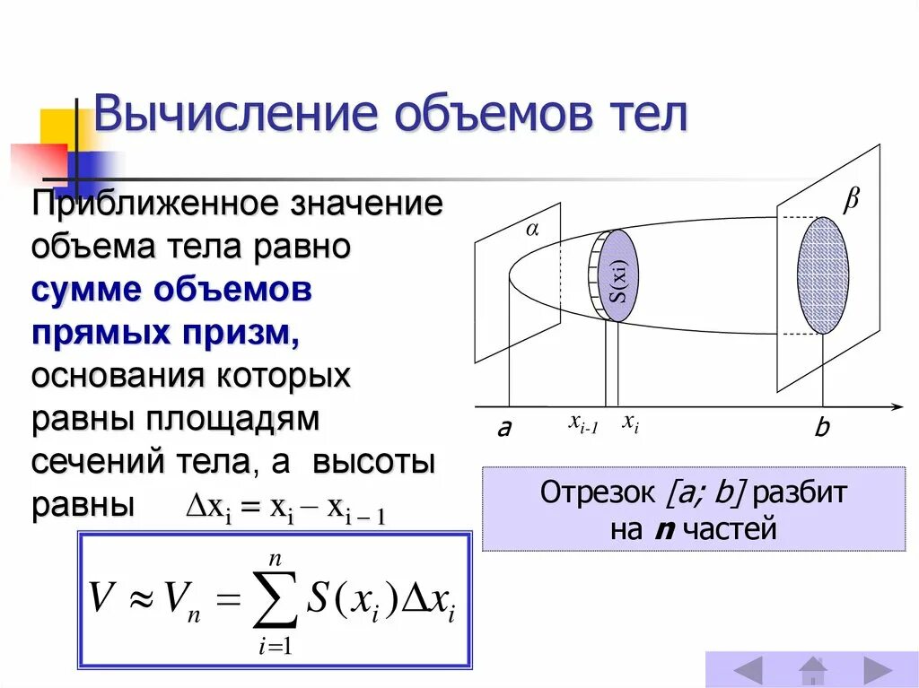 Объем и значимость. Основная формула для вычисления объемов тел. Вычислить объем тела. Вычисление объемов тел с помощью интеграла. Вычисление объемов тел с помощью определенного интеграла.