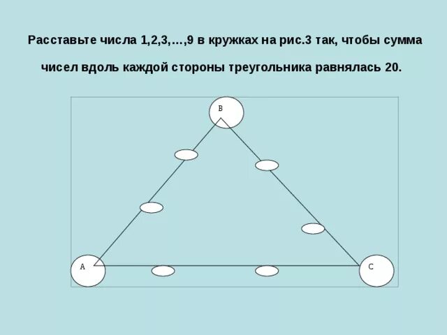 Расставить почему 2 с. Задачи на расстановку чисел. Сумма чисел на каждой стороне треугольника. Расставьте числа в кружочки. Расставь числа в кружках.