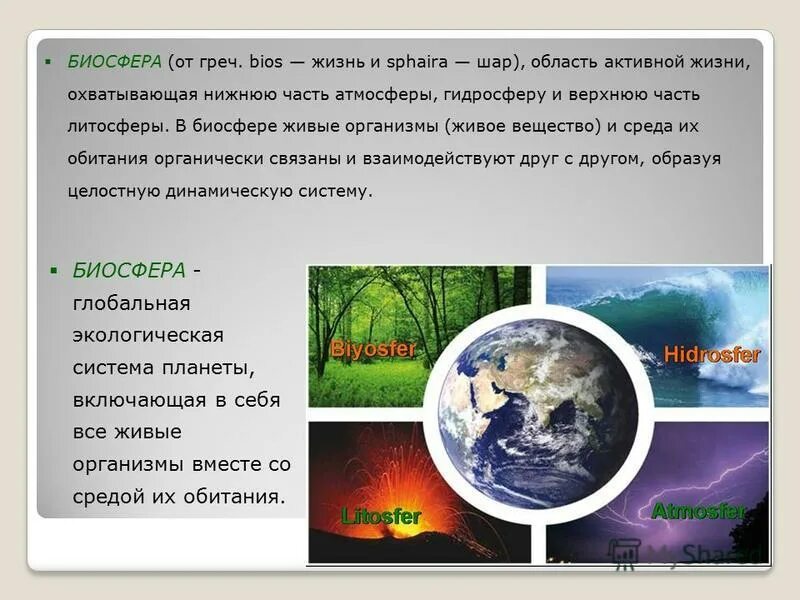 Биосфера охватывает нижнюю часть атмосферы. Биосфера от греч BIOS жизнь и sphaira. "Атмосфера - часть жизненной среды. Область активной жизни, включающей в себя нижнюю часть атмосферы.